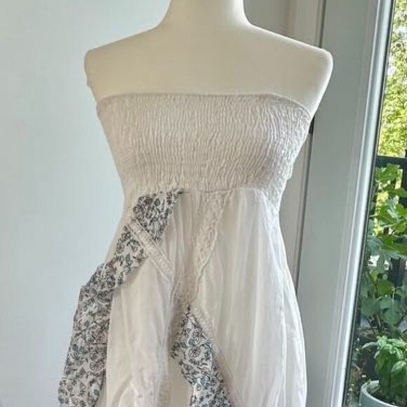 Boom Coeur Italy Patchwork Strapless Dress – Blue & White, Lace Detail, Boho, M - Picture 1 of 7